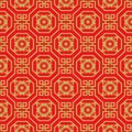 Seamless vintage golden Chinese window tracery golden octagon spiral square pattern. Royalty Free Stock Photo