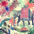 Seamless vintage indian style pattern with elephant, peacocks, flowers, leaves. Hand drawn watercolor.