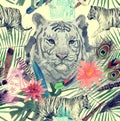 Seamless watercolor pattern with white tigers, elephant, maharajah leaves, flowers.