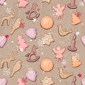 Seamless vintage light beige pattern with traditional Christmas ginger cookies.