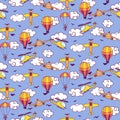Seamless vintage pattern with balloons, planes and helicopters
