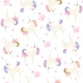 Seamless vintage pattern with cute unicorns and gentle light ponk flowers isolated on white background Royalty Free Stock Photo