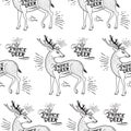 Seamless Vintage Pattern With Deers And Crown. Hipster Background In Doodle Style.