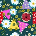 Seamless vintage pattern with garden flowers and geometric shapes. Vector summer design Royalty Free Stock Photo