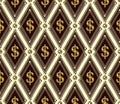 Seamless vintage pattern with gold dollar sign, chains, beads. Geometric rhombus grid. Classic background
