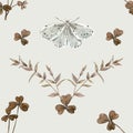 Seamless vintage pattern with hand drawn watercolor leaves, eucalyptus branches and butterfly. Royalty Free Stock Photo