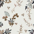 Seamless vintage pattern with hand drawn watercolor leaves, eucalyptus branches and butterfly. Royalty Free Stock Photo