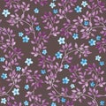 Seamless vintage pattern - hand painted leaves and ditsy blue flowers. Aquarelle design on dark brown background