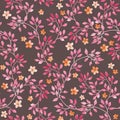 Seamless vintage pattern - hand painted leaves and ditsy pink flower. Aquarelle design on dark brown background