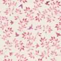 Seamless vintage pattern with hand painted pink leaves, birds. Watercolor girly or feminine design