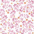 Seamless vintage pattern with hand painted pink leaves and ditsy small flowers. Watercolor