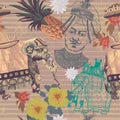 Seamless vintage pattern with indian elephant, pineapple, flowers, maharajah head.