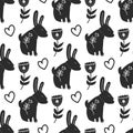 Seamless vintage pattern with ink hand drawn hare illustrations. Easter background. with ink hand drawn hare