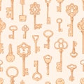 Seamless vintage pattern with old victorian door keys. Repeating antique print on endless background. Monochrome texture