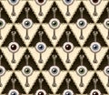 Seamless vintage pattern with rhombus grid of bones, human eyeballs with direct look. Geometric rhombus grid