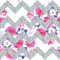 Seamless vintage pattern with silver zigzag and garden flowers in vector Royalty Free Stock Photo