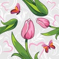 Seamless vintage pattern witn pink tulips and bright butterflies