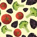 Seamless vintage polygon tomato broccoli basil pattern