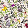 Seamless vintage print - flowers, butterflies. Meadow floral pattern in neutral colors. Watercolor