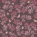 Seamless vintage romantic pattern with hand painted retro leaves, pink birds. Watercolor art on dark background