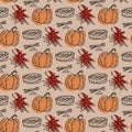 seamless vintage sketch pattern of autumn attributes such as pumpkin, maple leaf, cinnamon, apple pie.