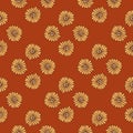 Seamless vintage style pattern with pale yellow sunflower shapes print. Pastel maroon background