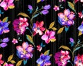 Seamless vintage watercolor floral design with leaves on black background for textile prints.