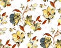 Seamless vintage watercolor floral design with leaves on white background for textile prints.
