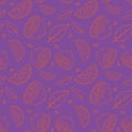 Seamless violet pattern with doodles of sliced lemons and leaves