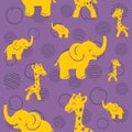 Seamless violet pattern with yellow funny giraffe and elephant