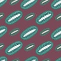 Seamless vitamin creative pattern with turquoise colored kiwi shapes. Purple background