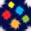 Seamless vivid firework pattern with rainbow glowing twisted elements on blue background