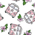 Seamless VW Kombi with flowers - Pale Pink