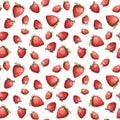 Seamless wallpaper - bright strawberry on white background. Watercolour