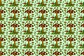 Seamless wallpaper with brown mushrooms interspersed with grass in a cute cartoon style pattern on a creamy green background, for