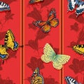 Seamless wallpaper with butterflies on a red background.