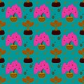 Seamless wallpaper with caladium pattern, pink leaves in brown pot on cyan background, cute pattern for background, endless