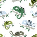 Vector hand-drawn colored childish seamless repeating simple flat pattern with chameleons in scandinavian style on a Royalty Free Stock Photo