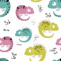 Vector hand-drawn colored childish seamless repeating simple flat pattern with chameleons in scandinavian style on a Royalty Free Stock Photo