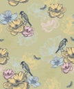 Seamless wallpaper with flowers and birds. Floral background, vector illustration. Royalty Free Stock Photo