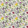 Seamless wallpaper - flowers, butterflies. Meadow floral pattern in black and white colors. Watercolor