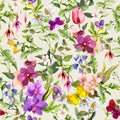 Seamless wallpaper - flowers, butterflies. Meadow floral pattern for interior design. Watercolor