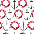 Seamless wallpaper with Life buoy and anchor Royalty Free Stock Photo