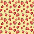 Seamless wallpaper - painted strawberry on yellow background. Watercolour