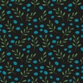 Seamless wallpaper with a pattern of berries and plants. Seamless background with blueberries on a black background