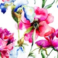 Seamless wallpaper with Peony and Iris flowers Royalty Free Stock Photo