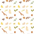 Seamless pattern featuring various spices, nuts, and citrus fruits