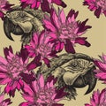 Seamless wallpaper with pink flowers and parrot, hand-drawing. V Royalty Free Stock Photo