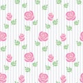 Seamless wallpaper pink roses with leaves on striped background.