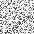 Seamless wallpaper print swatch, cute fun design with curls swirls and lines in abstract background pattern in bold black and whit